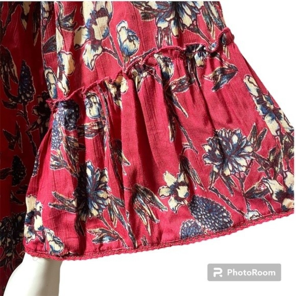 Angie Boho Red Burgundy Floral Top Bell Sleeve Crew Neck Size S - Picture 5 of 9
